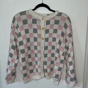 Vintage Pink and Gray Checkered Cardigan Sweater